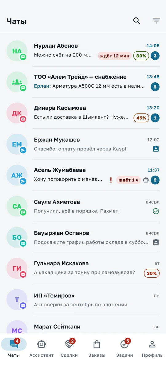 Чаты из всех каналов в приложении CrmAI