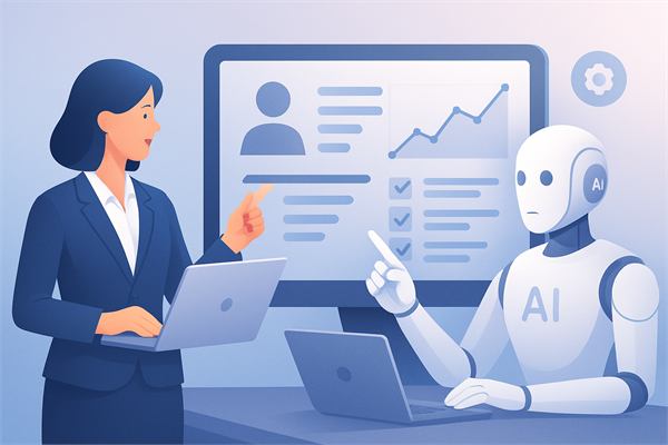 Менеджер оптовой компании и AI-ассистент работают с дашбордом продаж и задачами
