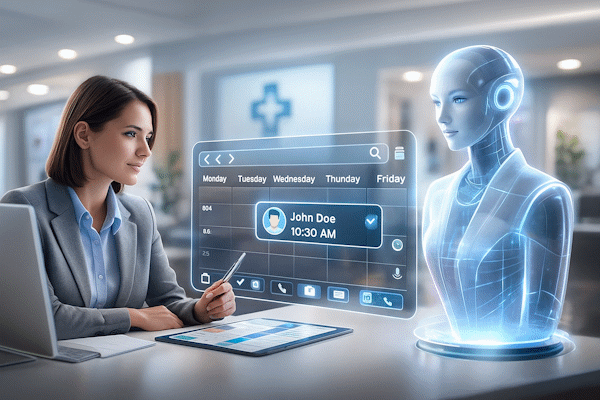 Администратор клиники и AI-ассистент планируют визит пациента