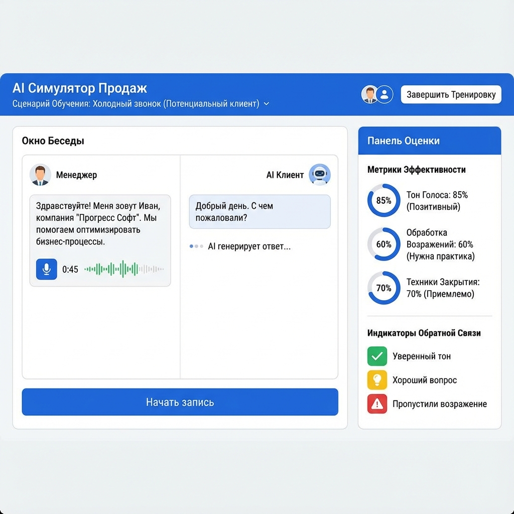 Интерфейс AI Sales Simulator с тренировочным сценарием