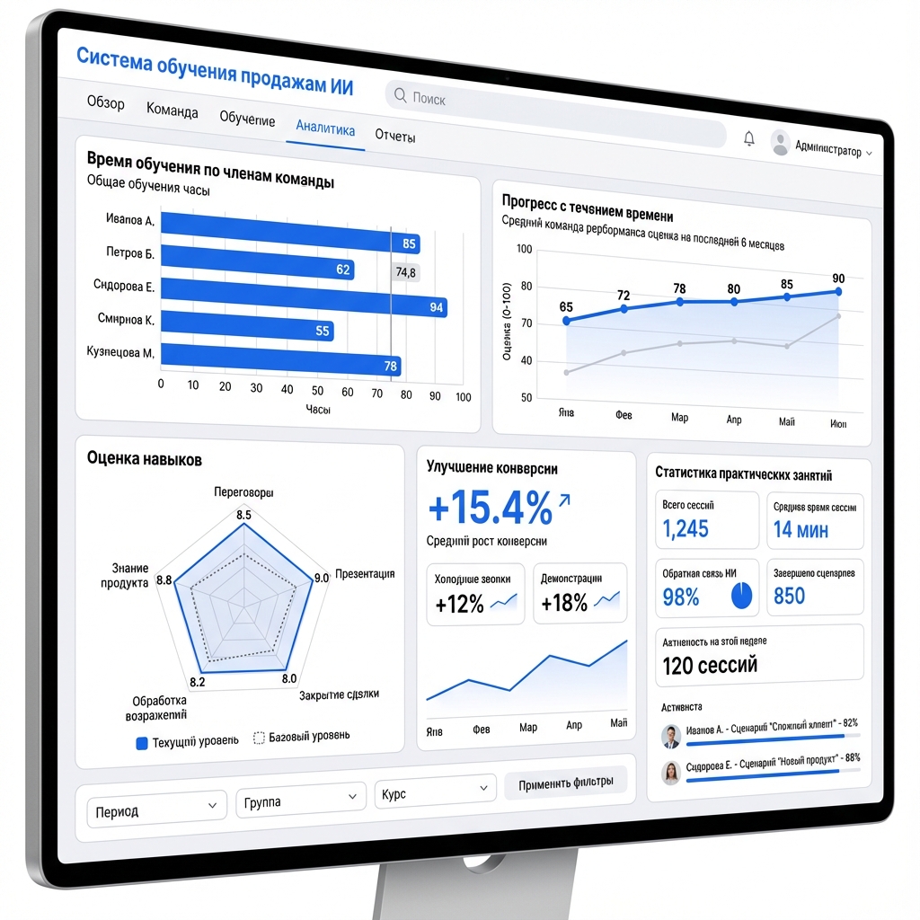 Дашборд с аналитикой тренировок менеджеров по продажам