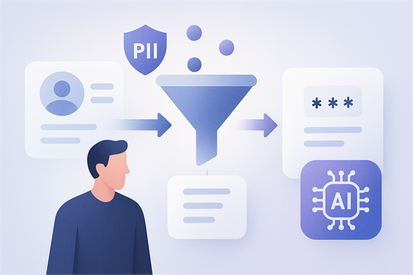 Схема маскирования PII перед отправкой в AI: запрос клиента проходит через PII-фильтр