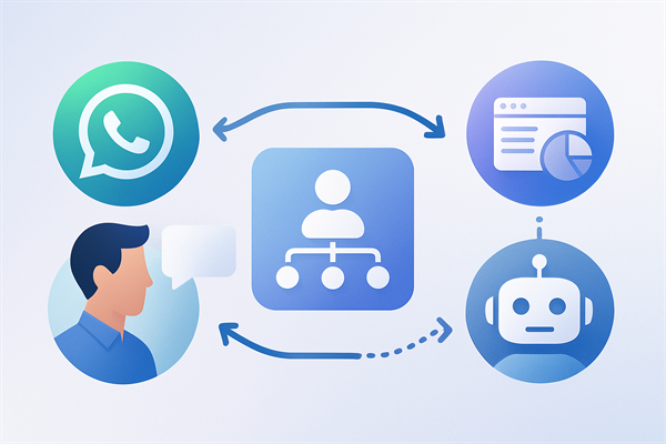 Схема интеграции 1С с мессенджерами через CRM: клиент запрашивает данные в WhatsApp, бот получает информацию из 1С через API