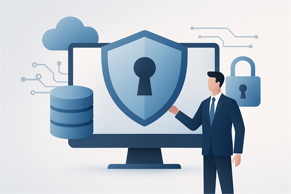 Инфографика технической защиты данных: шифрование, RBAC, 2FA, логирование и маскирование