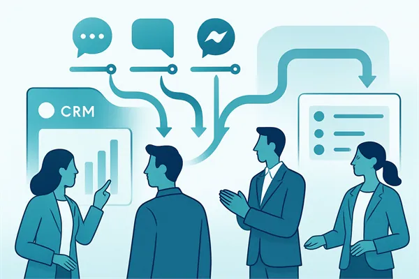 Сообщения из мессенджеров по стрелкам расходятся между экраном CRM и списком задач, рядом обсуждает работу команда