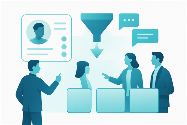 Карточка клиента из CRM и сообщения из чата проходят через воронку-фильтр к трём очередям, рядом обсуждает работу команда