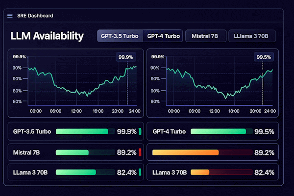 Дэшборд SRE с графиками доступности LLM и переключением моделей