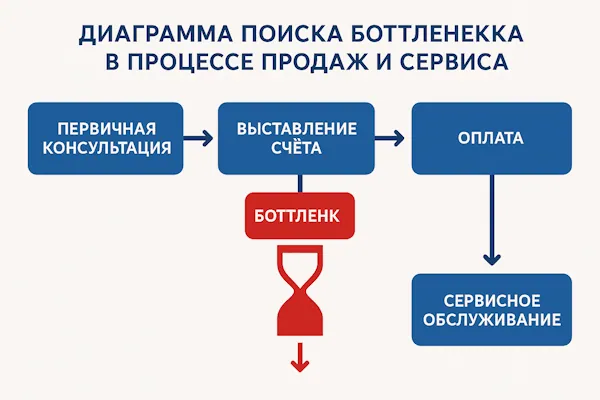 Диаграмма поиска bottleneck в процессе продаж и сервиса
