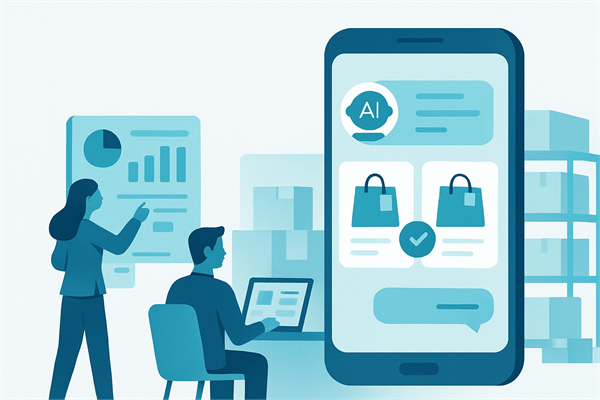 Смартфон с чатом ИИ-ассистента, который сравнивает две карточки товаров, рядом склад с коробками