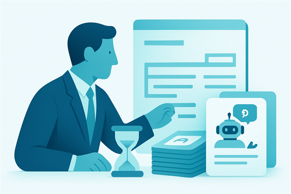 Менеджер сверяет счёт за AI-бота, рядом песочные часы и стопка одинаковых карточек с инструкцией бота