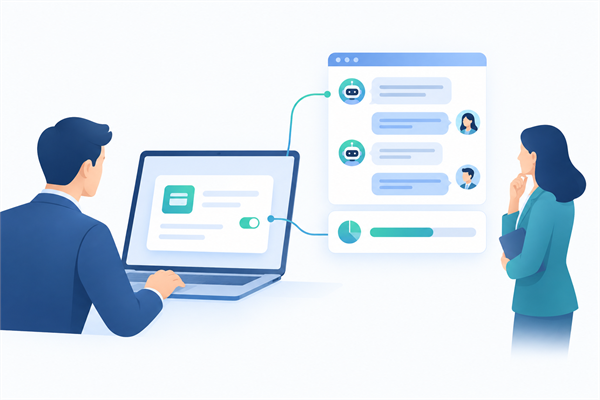 Карточка подписки на экране ноутбука, от неё тянется линия к окну чат-бота с первыми диалогами клиентов и шкале остатка бюджета