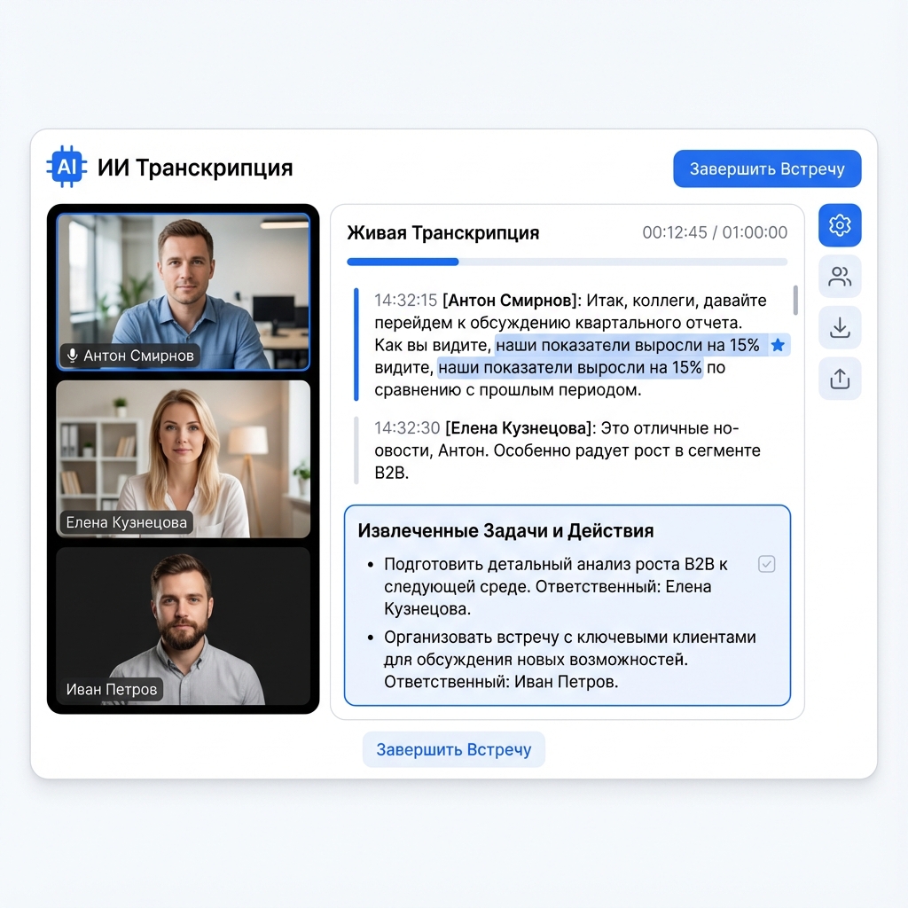 Интерфейс транскрибации встречи с AI