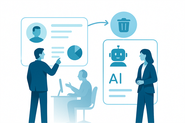 Карточка клиента в CRM, окно ИИ-агента и значок удаления данных между ними