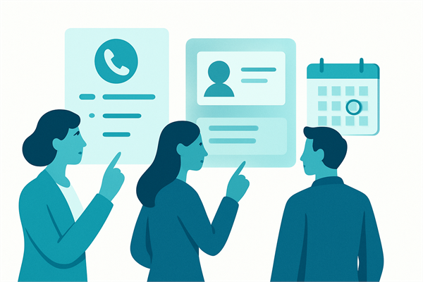 Сотрудники обсуждают телефонное меню и карточку клиента в CRM, рядом календарь с отмеченной датой
