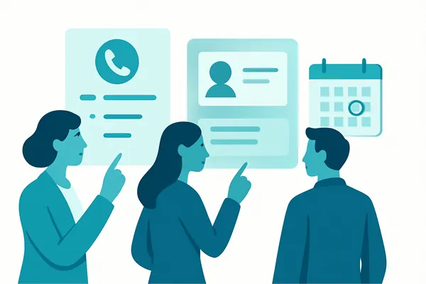 Сотрудники обсуждают телефонное меню и карточку клиента в CRM, рядом календарь с отмеченной датой