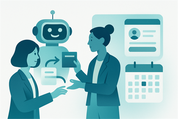 Две сотрудницы обсуждают перевод бота на новую модель, робот передаёт заявку, рядом карточка клиента в CRM и календарь с отмеченной датой
