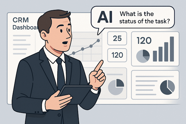 Руководитель задаёт вопросы AI-чату над CRM-дешбордом
