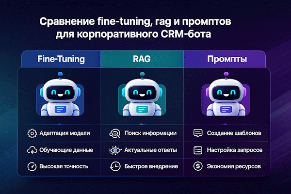 Схема выбора между fine-tuning, RAG и промптами для CRM-бота