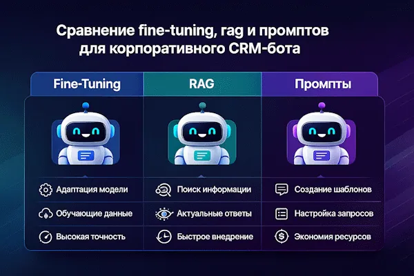 Схема выбора между fine-tuning, RAG и промптами для CRM-бота