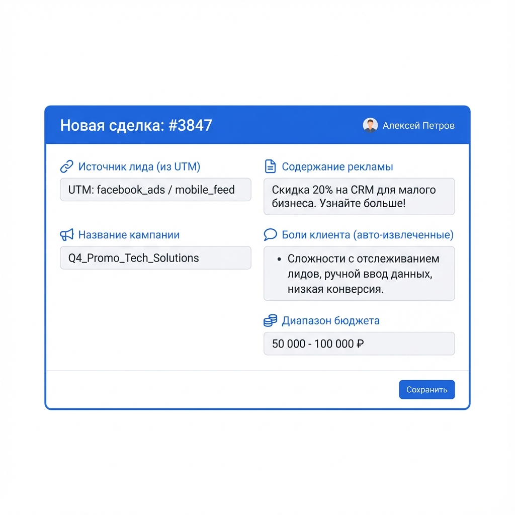 Пример интеграции UTM меток с CRM и AI обогащением