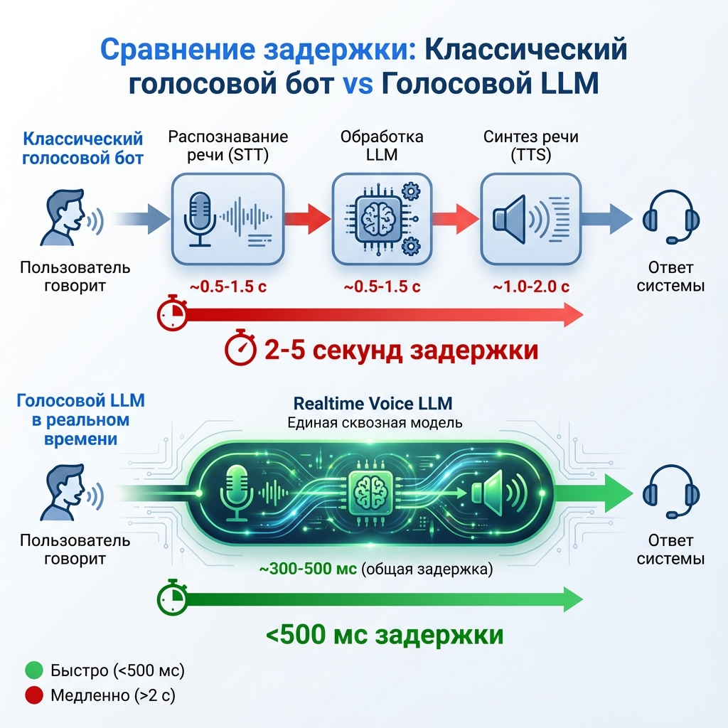 Сравнение задержки классического бота и Voice LLM