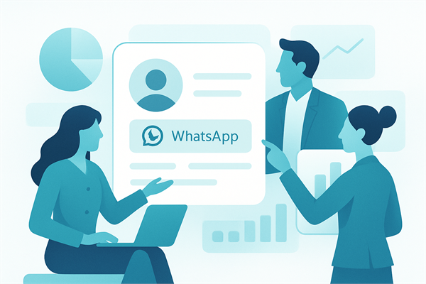 Менеджеры обсуждают карточку клиента в CRM с отметкой канала WhatsApp и без номера телефона